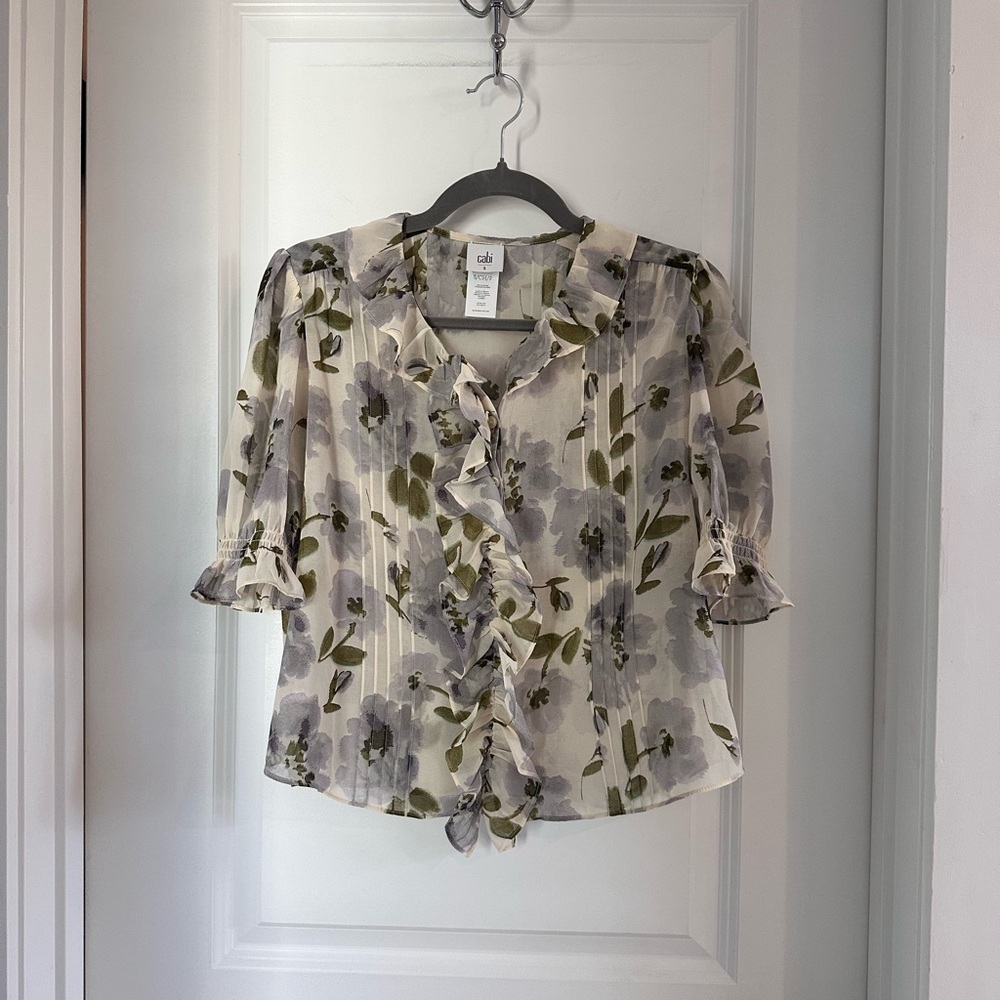 CAbi Lavender and Olive Floral Ruffle Blouse